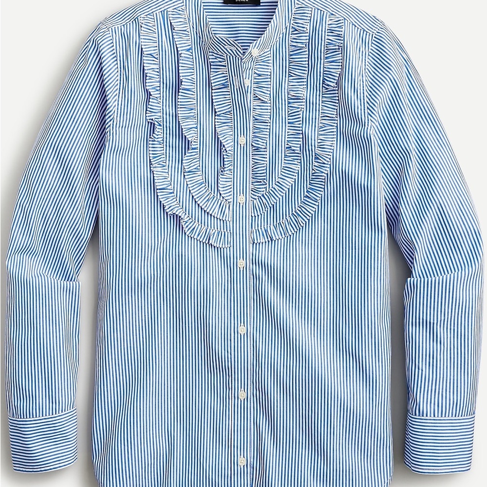 J. Crew Band-collar ruffle-front shirt in blue and white stripe